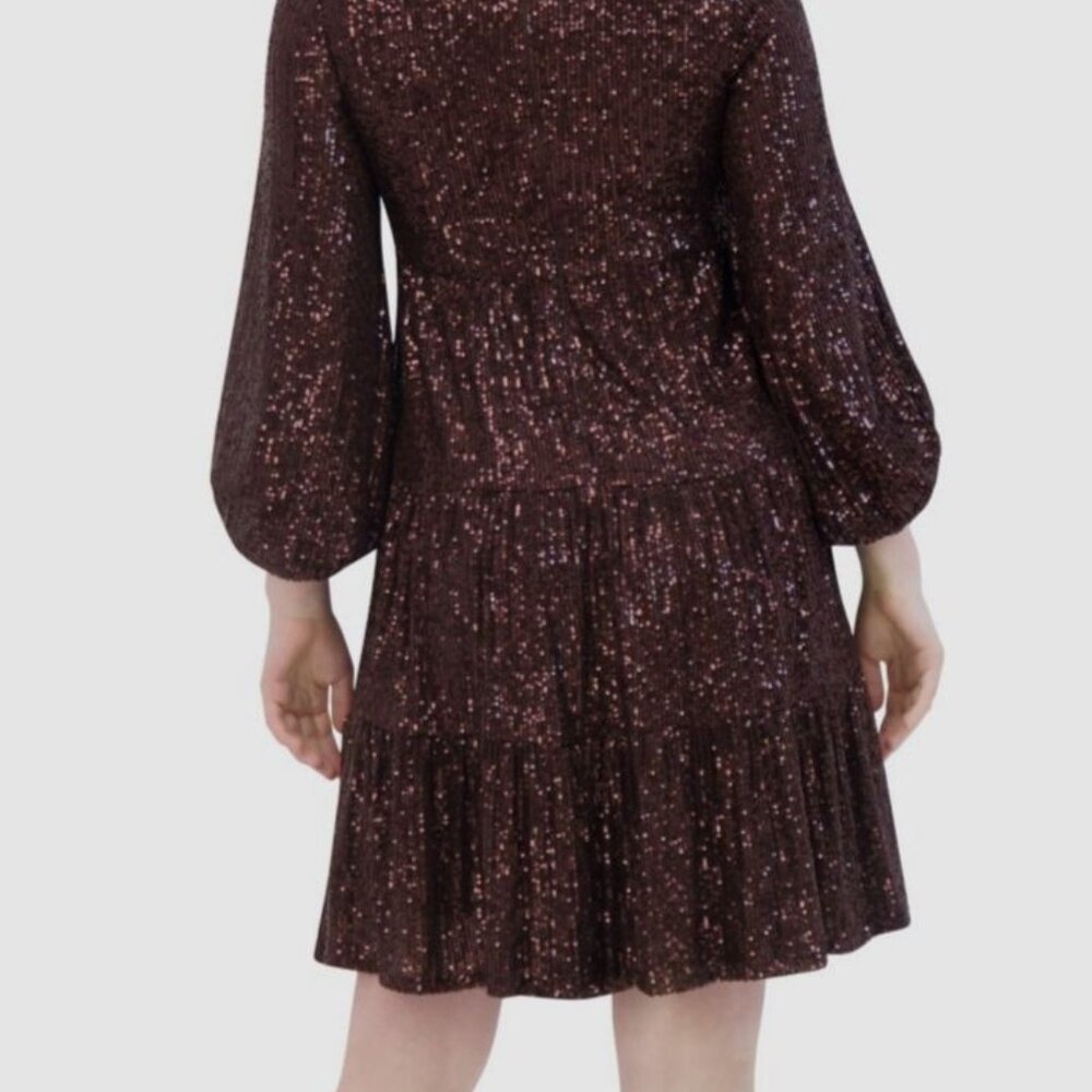 Eliza J Women's Brown Sequins Tiered Lined Stretch Fit & Flare Dress Size 6 NWT - Picture 3 of 11